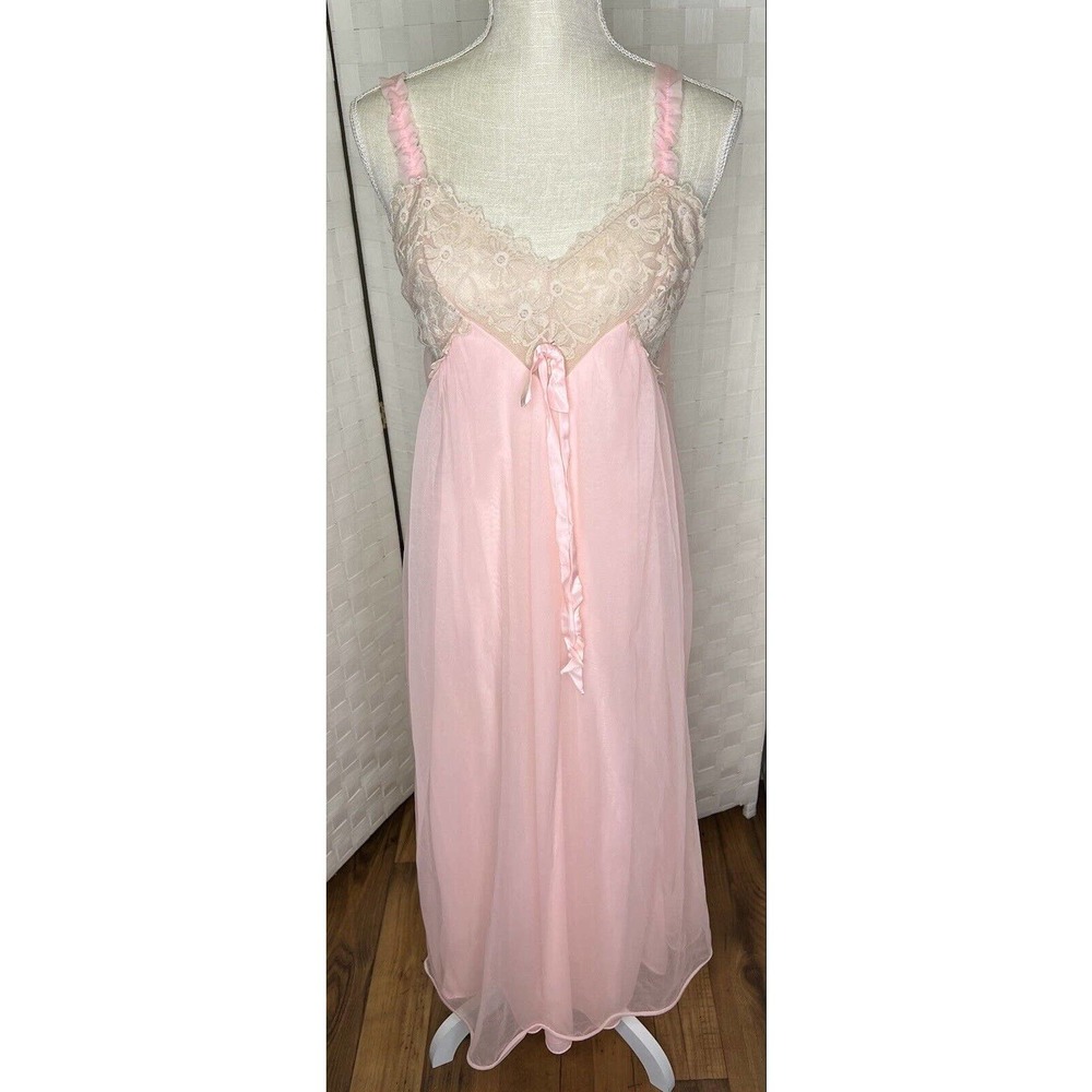 Vintage Pink Chiffon Nightgown Women’s 34 Medium Sleeveless Long Dress Intimate
